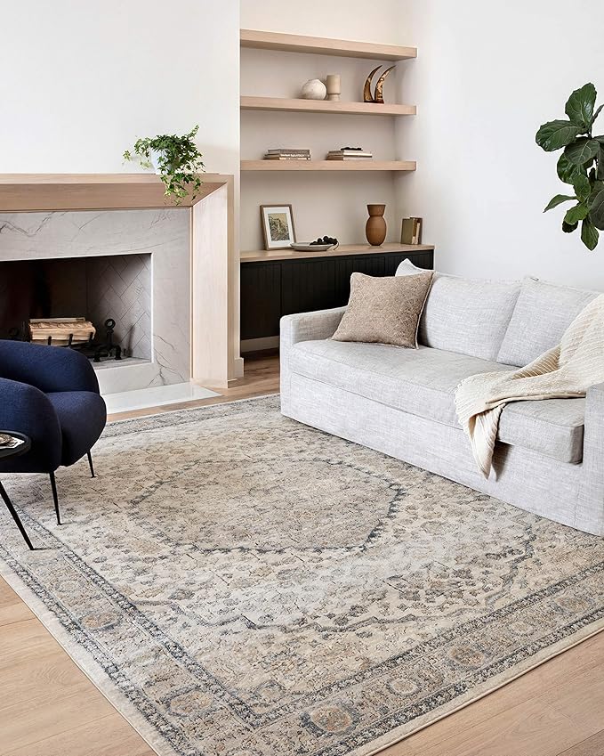 Loloi Teagan Collection TEA-01 Natural/Lt. Grey 6'-7" x 9'-2" Area Rug, Large, Soft Neutral Rug, High-Traffic for Living Room, Bedroom, Home Office, Dining Area
