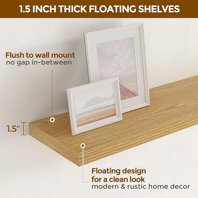 Fun Memories 55 Inch Floating Shelves for Wall, 55x9.3 Large Floating Shelf for Bedroom, Kitchen, Bathroom, Wall Mounted Rustic Wood Shelves with Invisible Bracket for Books, Decor, Oak
