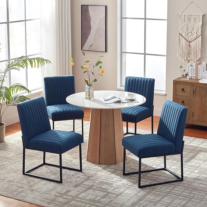 VKNOW Upholstered Dining Chairs Set of 4, Modern Dining Room Chairs with Stripe, Linen Kitchen Chair Dinner Chair with Black Metal Base for Kitchen Office, Blue