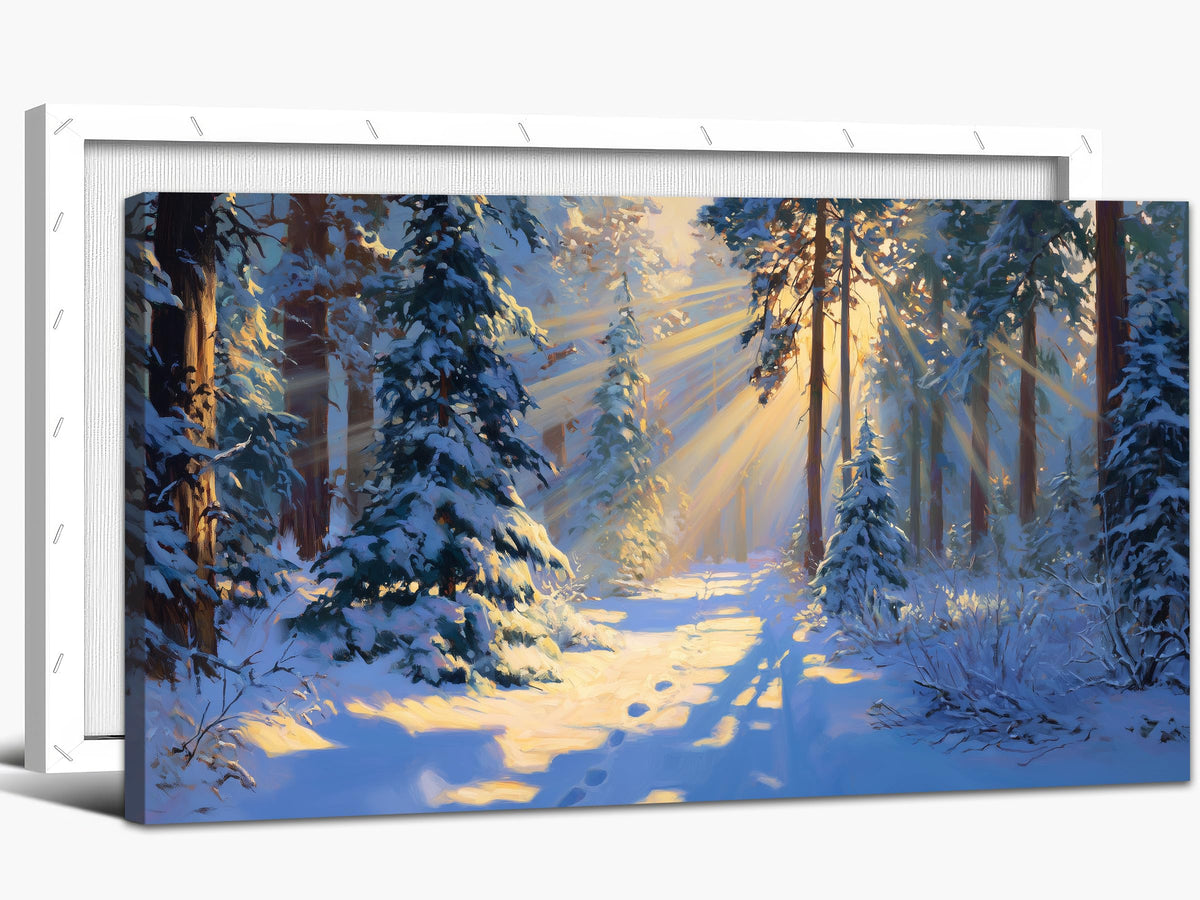 TEPAKIHI Winter Landscape Canvas Wall Art, Snowy Forest Sunlight Painting, Winter Scene Picture Artwork for Living Room Bedroom Home Decor Ready to Hang (16x32 inches)