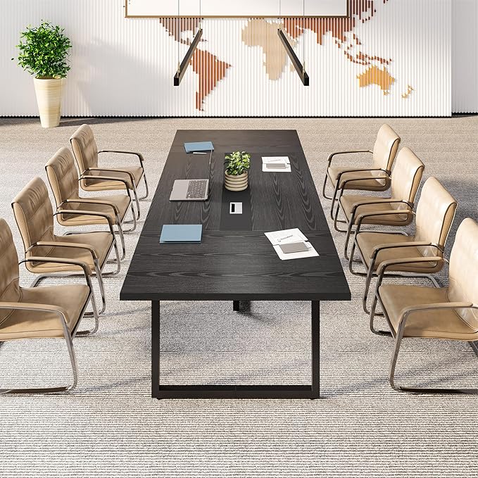 LITTLE TREE 8FT Conference Table for 10 People, Large Meeting Table, Modern Wooden Conference Room Table with Cable Management, Business Training Table with Strong Metal Legs for Office, Black