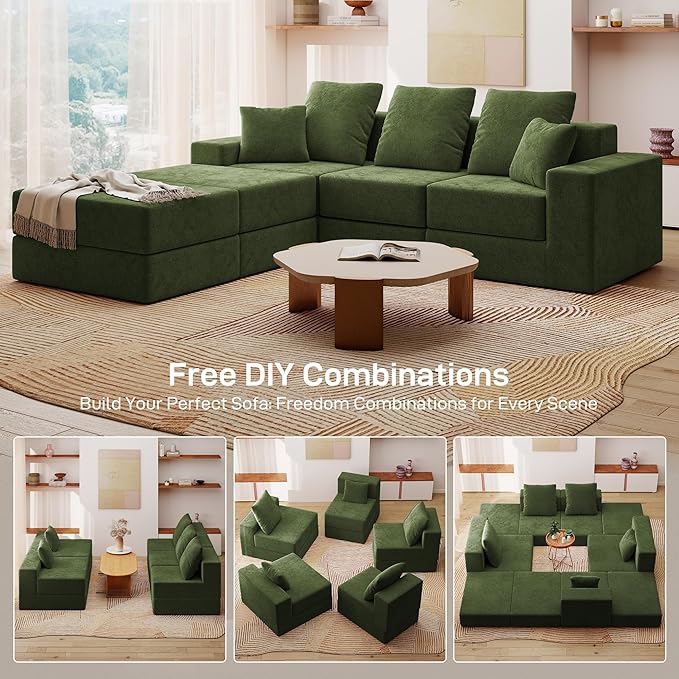 Living&Giving 101" U-Shaped Cloud Sectional Couch for Living Room, Cloud Boneless Couch-No Assembly with Reversible Chaise, Customizable 3-Seat Modular Sectional Sofa with 2 Ottoman, Green