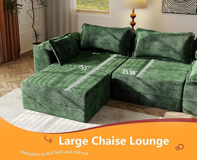 Hobestluk 152" Cloud Modular Sectional Couch 4-Seater Sofa with Ottomans U Shaped Couch Deep Seat Sofa with Removable Cover for Living Room (Green, 4-Seater Sofa with Two Ottomans)
