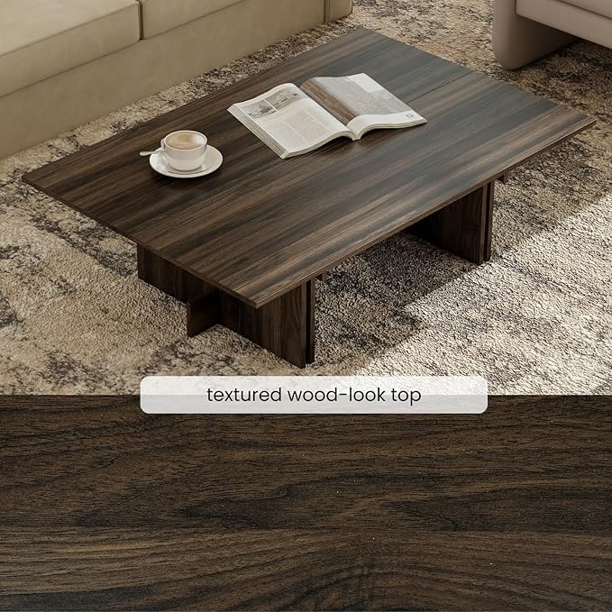 47 Inch Modern Farmhouse Coffee Table, Large Rectangular Wood Center Table with Cross Base for Living Room, Rustic Industrial Cocktail Table, Walnut