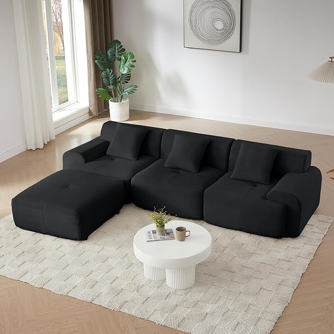 Cilee 113" Modular Sectional Sofa, Cloud Couch with Deep Seat, L-Shape Boneless Sofa, 3 Seat Memory Foam Sofa, No Assembly Required, Upholstered Couch for Living Room, Movable Ottoman, Corduroy, Black
