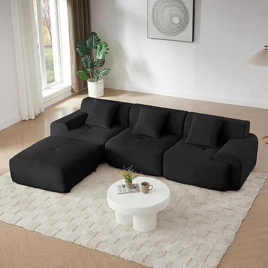 Cilee 113" Modular Sectional Sofa, Cloud Couch with Deep Seat, L-Shape Boneless Sofa, 3 Seat Memory Foam Sofa, No Assembly Required, Upholstered Couch for Living Room, Movable Ottoman, Corduroy, Black