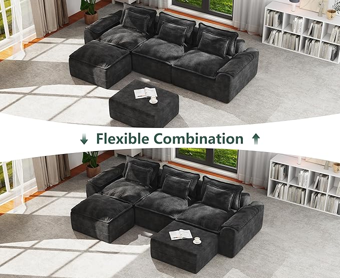 Hobestluk 120" Cloud Modular Sectional Couch 3-Seater Sofa with Ottomans U Shaped Couch Deep Seat Sofa with Removable Cover Large Sofa for Living Room (Dark Grey, 3-Seater Sofa with Two Ottomans)