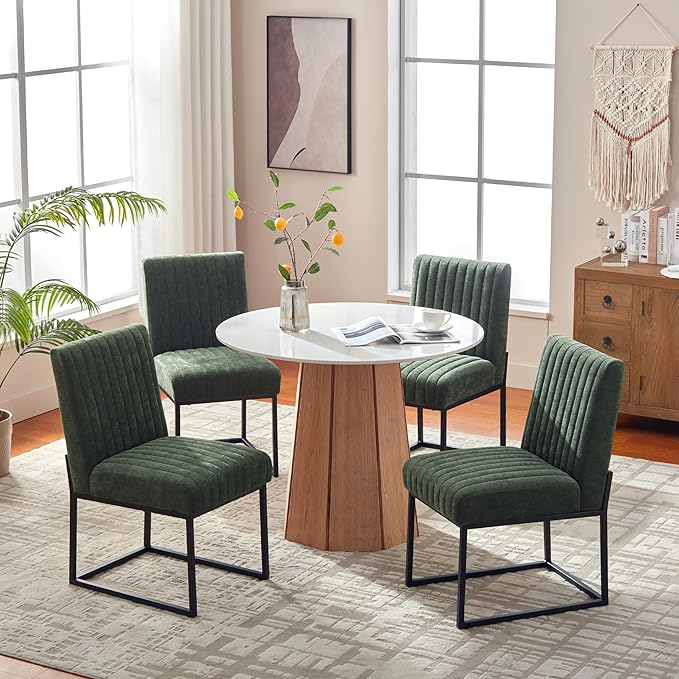 VKNOW Upholstered Dining Chairs Set of 4, Modern Dining Room Chairs with Stripe, Linen Kitchen Chair Dinner Chair with Black Metal Base for Kitchen Office, Green