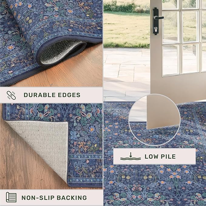 Dark Blue 2x8 Hallway Runner Non Slip - Machine Washable Kitchen Rugs, Geometric Floral Pattern Indoor Floor Mats for Entryway, Oriental Design Home Décor
