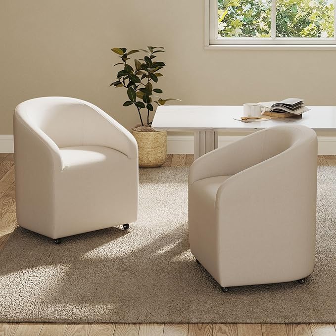 Modern White Upholstered Dining Chairs with Swivel Casters, Linen Barrel Back Accent Side Chair for Dining Room Living Room, Beige