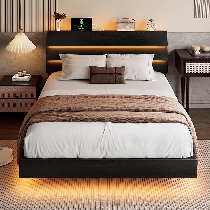 Floating Bed Frame Full Size with Led Headboard and Charging Station, Metal Platform Bed Base with Storage, Remote Control, Heavy Slats Support, No Box Spring Needed, Noise Free, Black