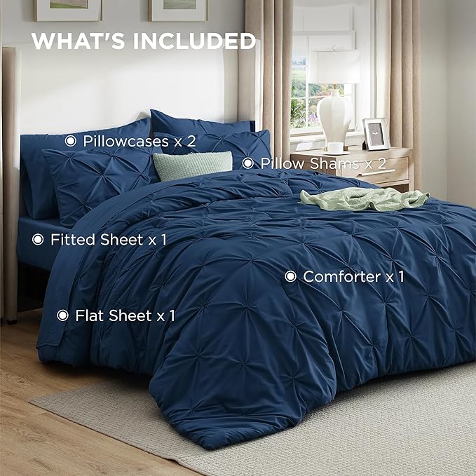 Bedsure King Size Comforter Set - Bedding Sets King 7 Pieces, Pintuck Bed in a Bag Navy Blue Bed Set with Comforter, Sheets, Pillowcases & Shams
