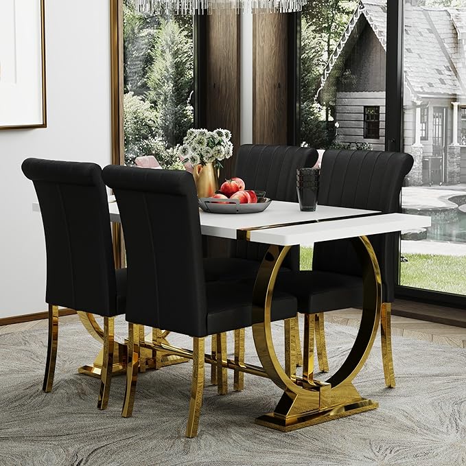 ACEDÉCOR 60" White and Gold Dining Table for 4-6, Modern Rectangular Lacquer Top and Polished Stainless Steel U Shaped Base