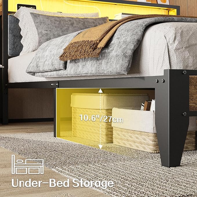 OLEVS Full Bed Frame with Headboard, Metal Platform Bed Full Size with 2-Tier Storage, LED Light & Charging Station Type C, No Box Spring Needed