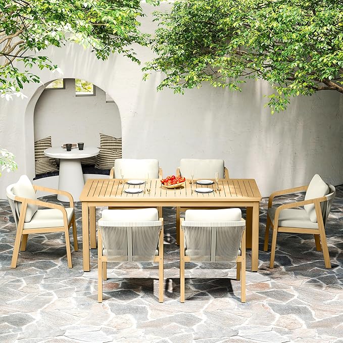 7-Piece Outdoor Dining Set for 6 with 23" Extra Wide Chair and Cushion，Patio Table and Chairs Set with All Acacia Wood Frame, All-Weather PE Rattan Outdoor Patio Furniture Set for Lawn Garden, Beige