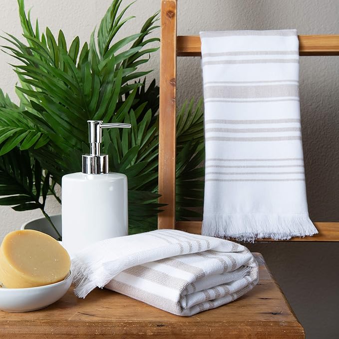 Sticky Toffee Hand Towels for Bathroom Set of 2 – 28x16 in White and Tan Striped Turkish Towels, Soft and Absorbent Decorative 100% Cotton Bath Towels