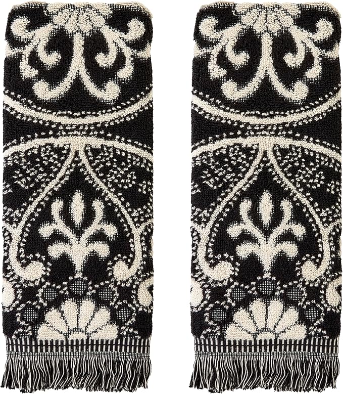 SKL Home Amherst Medallion 100% Cotton Premium 2-Piece Hand Towel Set, 600 GSM, Reversible Jacquard, Soft & Absorbent, Decorative for Bath/Kitchen/Bar & Gift, Black