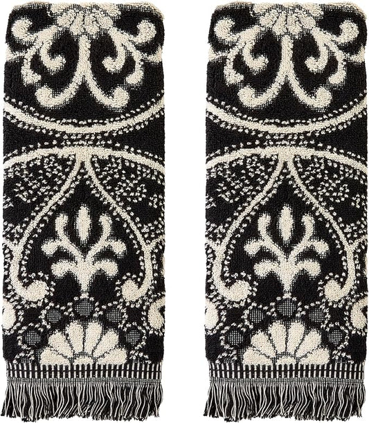 SKL Home Amherst Medallion 100% Cotton Premium 2-Piece Hand Towel Set, 600 GSM, Reversible Jacquard, Soft & Absorbent, Decorative for Bath/Kitchen/Bar & Gift, Black