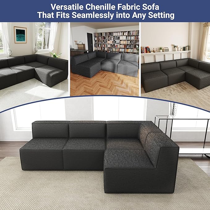 97" Sectional Compressed Sofa Modular Couches,High-Density Foam No Assembly Required,3-Piece(1xCorner 3xArmless) for Living Room, Chenille Dark Grey