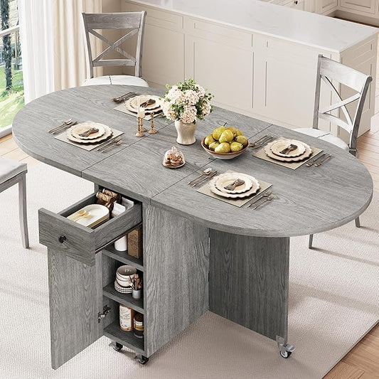Folding Dining Table for 4 Kitchen Dining Room DinnerTable with Storage Drawer Space Saving Oval Foldable Drop Leaf Gateleg Furniture for Small Space (Grey, 47 * 23.6 * 30)