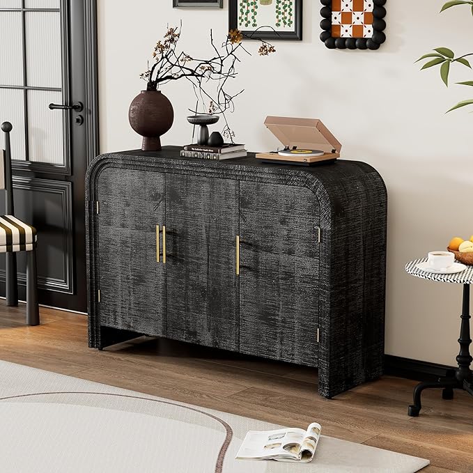 GDFStudio 47.2" Retro Curved Sideboard Storage Cabinet with Adjustable Shelves & Gold Handles, MDF Buffet Table Coffee Bars Cupboard for Living Room Dining Room Kitchen Entryway, Antique Black-2