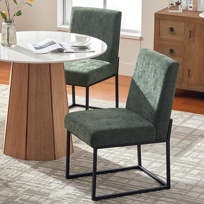 VKNOW Upholstered Dining Chairs Set of 2, Modern Dining Room Chairs, Linen Kitchen Chair Dinner Chair with Black Metal Base for Kitchen Office, Green-Unstriped