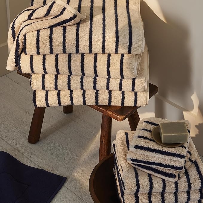 Brooklinen Super-Plush Turkish Cotton Bath Towels - Set of 4 - Cotton, 820 GSM, Highly Absorbent, Machine Washable, Perfect for Home & Bathroom (30" x 58", Striped Navy)