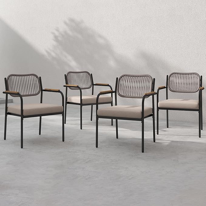 Outdoor Dining Chairs Set of 4, Wicker Patio Dining Chairs with Removable Cushions, Rectangle Patio Table Chair, All Weather Outdoor Chairs, Metal Lawn Chair for Adults/Indoor/Deck, Beige