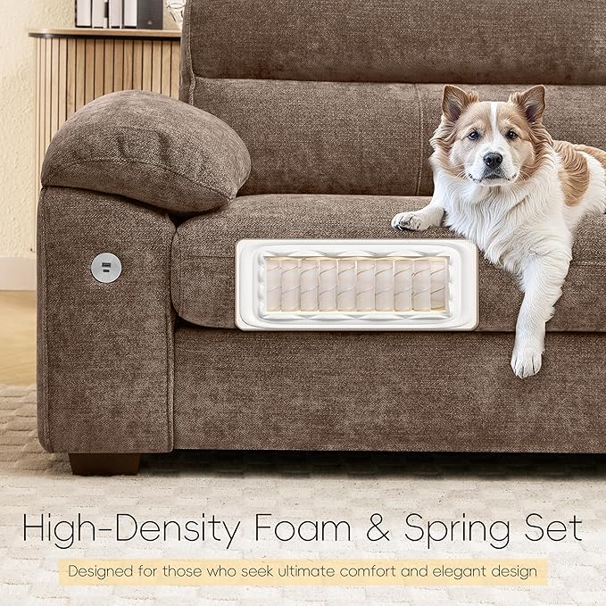 Ihanherry 92" Modern Sofa for Living Room, Deep Seat Chenille Couch with Fast Charging Port & Removable Washable Cushions, Pillow-Armrest Loveseat for Small Space/Apartment, Sturdy Frame, Brown