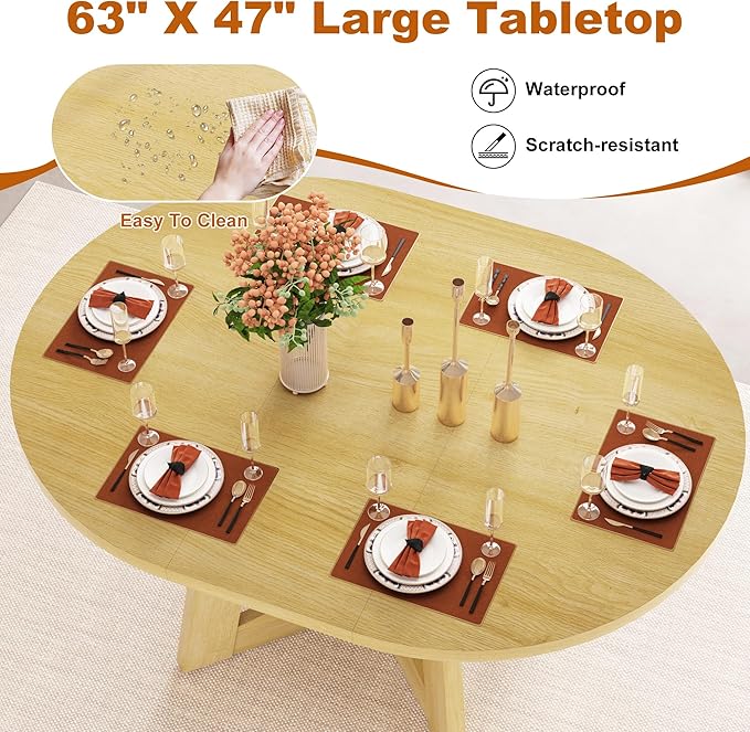 47"-63" Extendable Dining Table for 4 5 6 People,63" Farmhouse Round Extending Dining Table w/Removable Leaves Space Saving,Wooden Adjustable Tables for Kitchen Office Living Room Natural