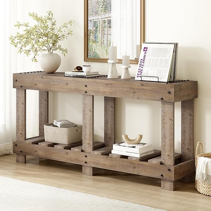 62.9" Vintage Entryway Table - Solid Cedar Wood with Natural Grain, 6 Reinforced Legs & 4.5" Thick Desktop, Metal Rivet Decor & Plank Under-Shelf, Console Table for Hallway, Living Room (Natural)