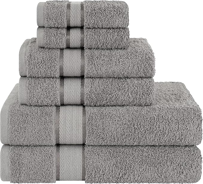 6 Piece 100% Turkish Cotton Towel Set, 2 Bath Towels 2 Hand Towels 2 Washcloths, Soft Absorbent Towels for Bathroom and Kitchen, Cool Gray