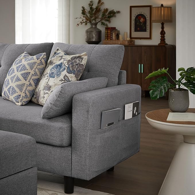 101" Convertible Sectional Sofa with Ottoman Coffee Table, Modern Linen Fabric U-Shaped Couch with Storage Pocket, 4 Seat Sofa Couches for Living Room, Apartment, Office, LightGrey