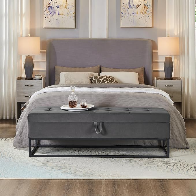 mikibama Velvet Storage Bench,58.6" Long Ottoman with Storage for Living Room,Tufted Storage Benches for Bedroom End of Bed,Entryway,Rectangle Window Seating Bench with Storage. (Velvet Grey)