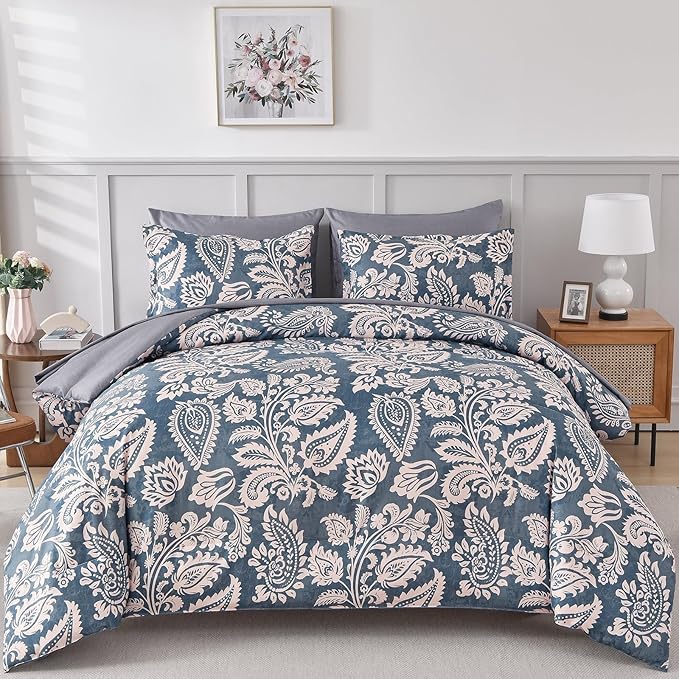 Drucon Paisley Comforter Set Queen, 7 Pieces Bed in a Bag Boho Comforter Bedding Soft Microfiber Queen Size Navy Blue Comforter with Sheet & Pillowcases