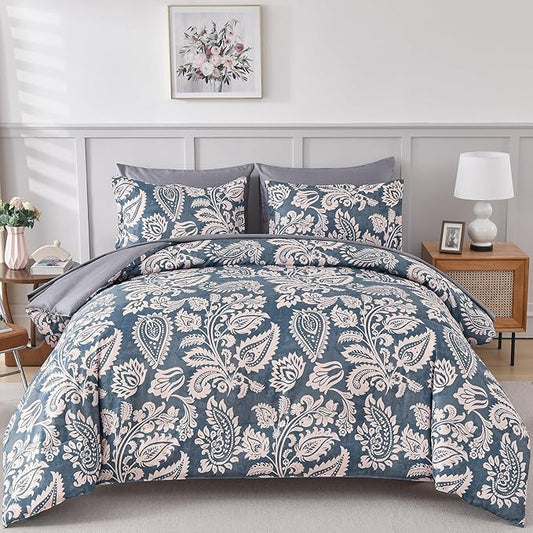 Drucon Paisley Comforter Set Queen, 7 Pieces Bed in a Bag Boho Comforter Bedding Soft Microfiber Queen Size Navy Blue Comforter with Sheet & Pillowcases