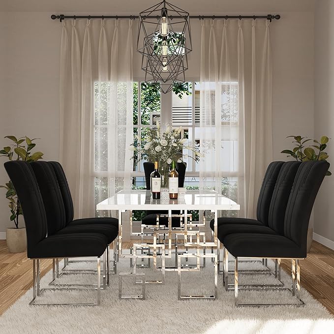 AUZ Dining Chairs Set of 8, Black and Silver Dining Chairs with Velvet Upholstery and Mirrored Silver Sled Legs