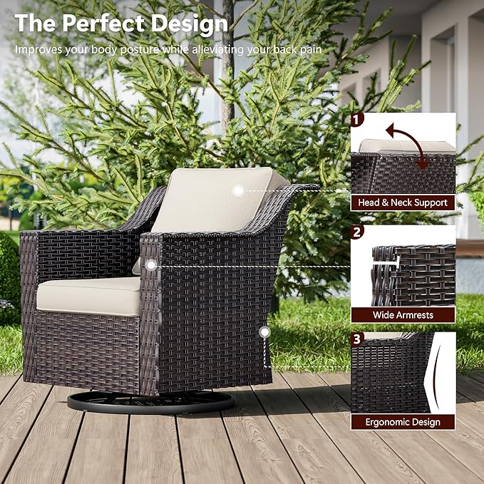Wicker Patio Swivel Chairs, Outdoor Rocking Chair with Wide Armrest, Thickened Cushions, Patio Rattan Furniture for Deck, Porch Use