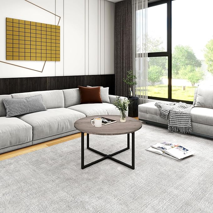 HOMERECOMMEND Round Coffee Table Nesting Tables for Living Room Tea Desk with Black Metal Legs Tea Table Balcony End Sofa Table Study,Black+Grey