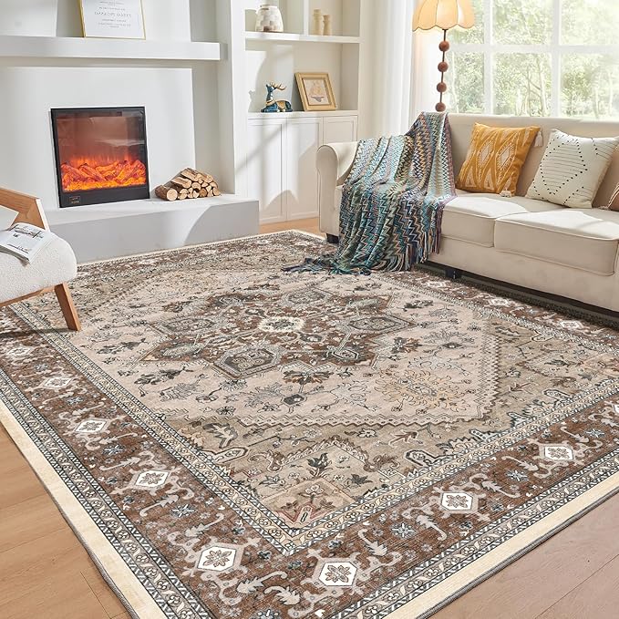 OPPODREAM Thin Area Rugs 5x7, 5x7 Washable Rug with Non Slip Backing, 5 x 7 Faux Cashmere Low-Pile Carpet, Brown