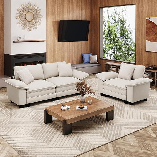 L-Shaped Cloud Modular Sofa Set with Chaise, Deep Seat 3-Piece Sectional & Removable Arms, Plush Chenille for Living Room - Beige