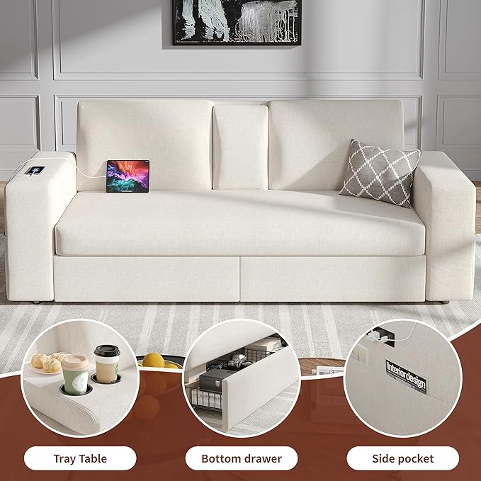 Maupvit 75” Loveseat Sofa with 2 Drawers, USB & Type-C Charging Port, Comfortable Linen Living Room Couch with Small Table Board, Upholstered Small Settee Fits Bedroom, Office,Beige