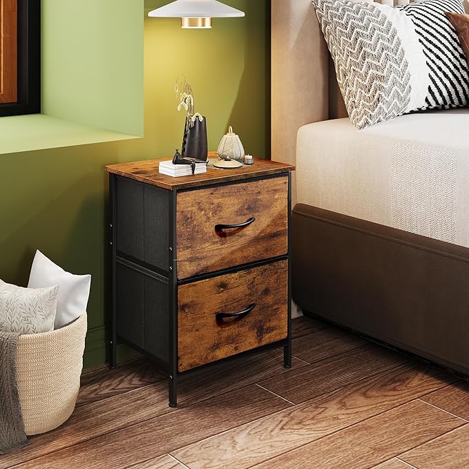 WLIVE Night Stand Set of 2, Small Dresser with 2 Drawers & Wooden Top, Nightstand with Fabric Bins, Bedside Table End Table for Bedroom, Closet, Entryway, College Dorm, Rustic Brown