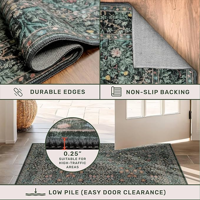 Washable 4x8 Wide Hallway Runner Rug, Vintage 8ft Soft Runners for Entry Kitchen, Non Slip Low Pile Thin Carpet for Living Room Bedroom Dining Room Foyer - Dark Green Floral Forest Décor