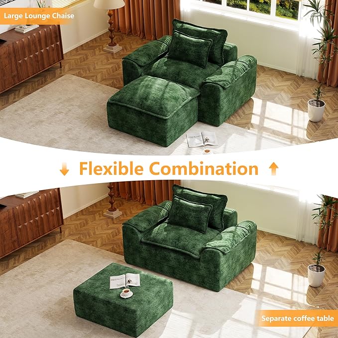 Hobestluk Cloud Single Sofa with Ottoman Memory Foam Couch with Deep Seat L Shaped Sofa with Removable Cover Large Couch for Living Room (Green, Single Sofa with One Ottoman)