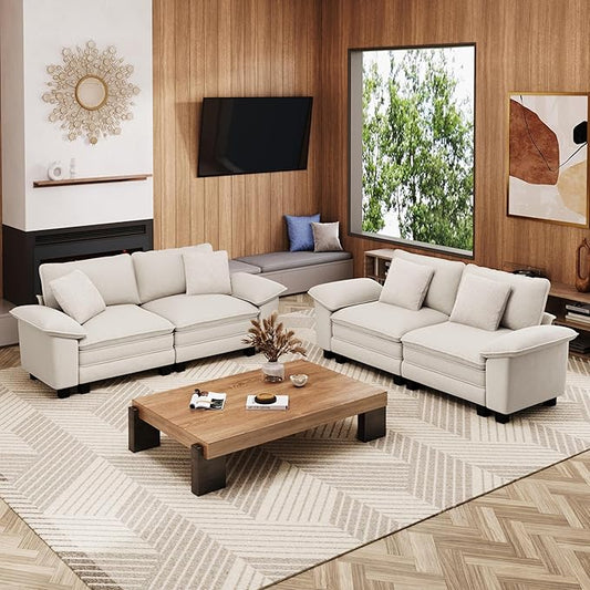 L-Shaped Cloud Modular Sofa Set, 4-Piece Double Loveseat Sectional w/Deep Seat & Removable Arms, Plush Chenille for Living Room - Beige