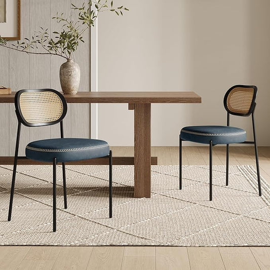 Rattan Dining Chairs Set of 2, Blue Leather Upholstered Dining Chairs with Rattan Cane Back, Mid Century Modern Dining Room Chairs with Black Metal Legs & D-Shaped Thicken Cushion, Blue