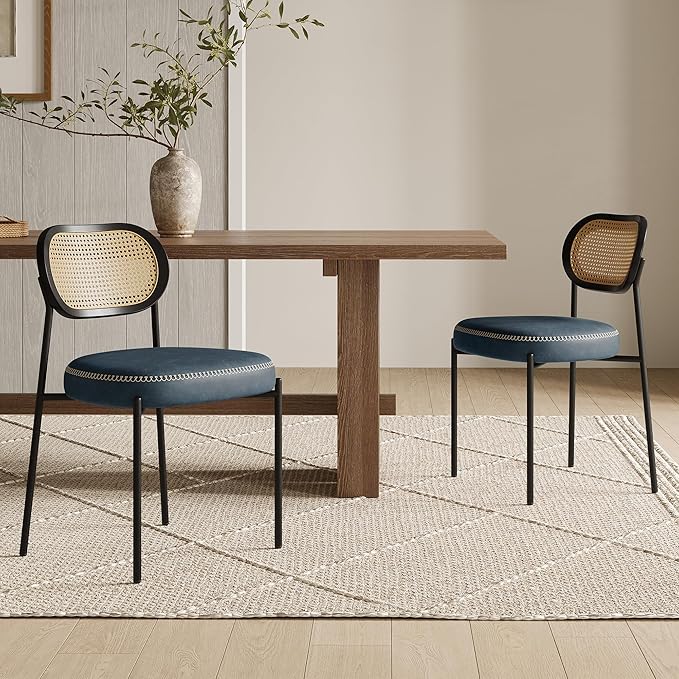 Rattan Dining Chairs Set of 4, Blue Leather Upholstered Dining Chairs with Rattan Cane Back, Mid Century Modern Dining Room Chairs with Black Metal Legs & D-Shaped Thicken Cushion, Blue