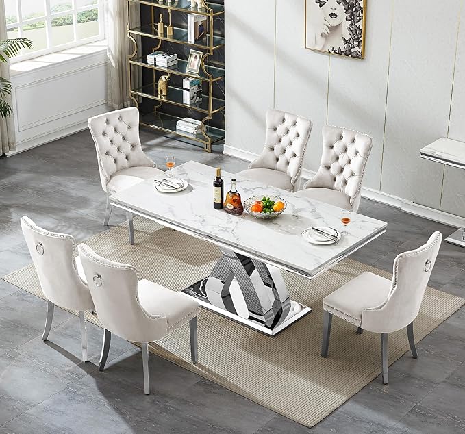 Goujxcy 68" Marble Dining Table Set for 6, Modern Rectangle Dining Room Table Set for 6, Luxury White Silver Marble Kitchen Table and Chairs Set of 6 for Living Room,Kitchen
