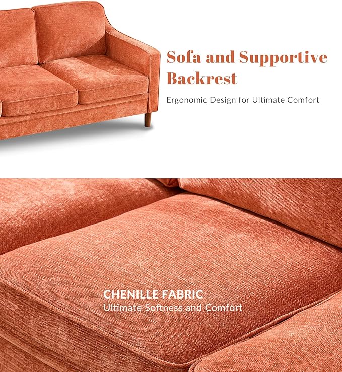 Kingfun 80" Chenille Sofa, 3 Seater Couch, Mid Century Modern Couches with Solid Wood Frame for Living Room & Bedroom, Orange